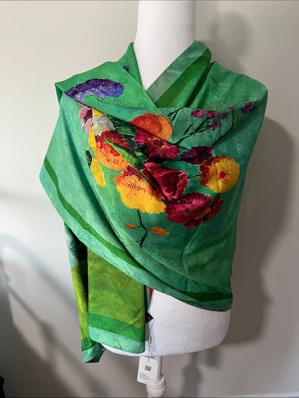 Green Floral Shawl Scarf - Women's Accessory 80% viscosa 20% seta